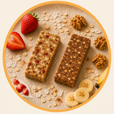 Two unwrapped First Thing bars, Strawberry Parfait and Banana Nut, side by side with strawberries, walnuts and banana slices, framed in a gold circle