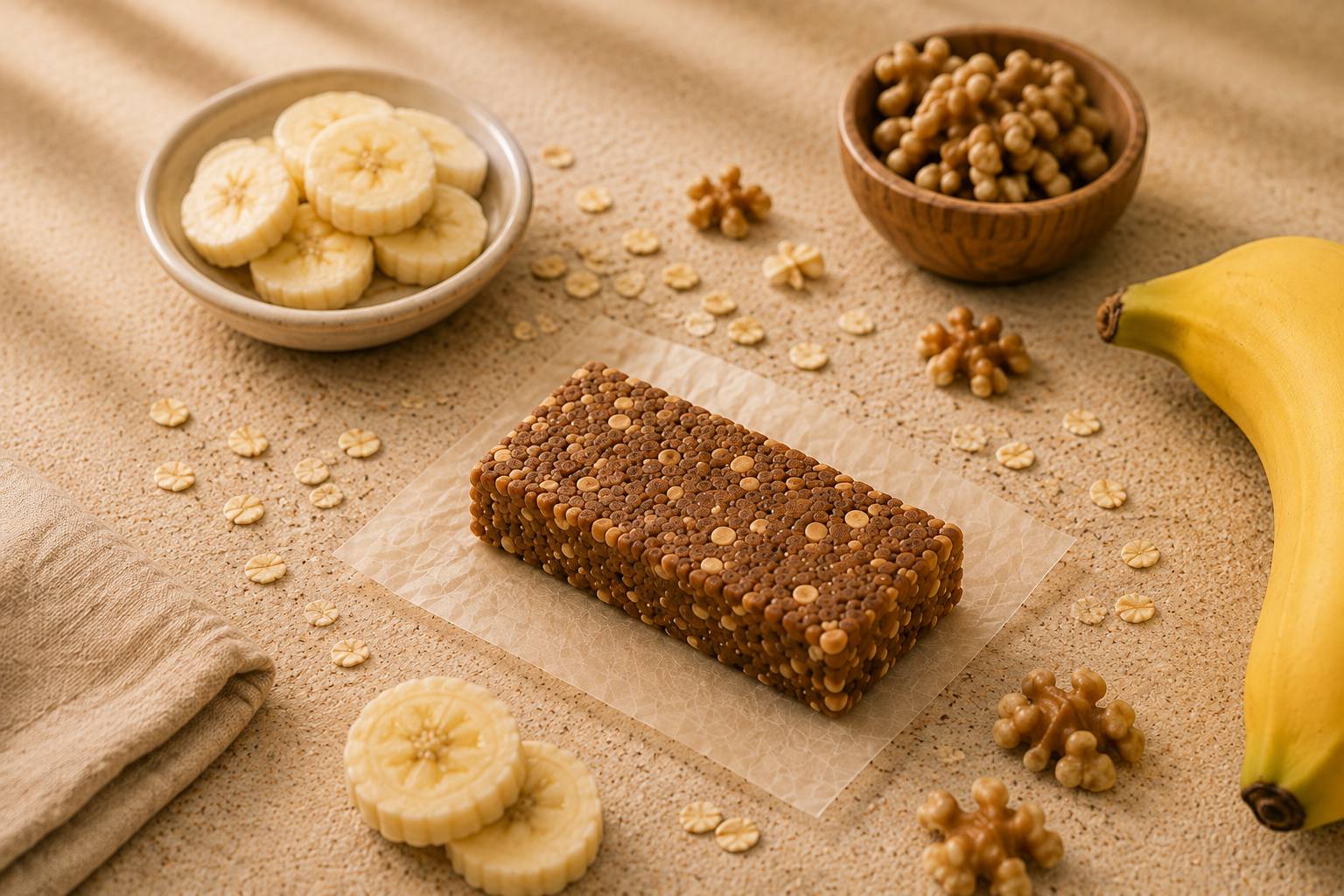 An unwrapped Banana Nut bar on parchment, with banana slices, walnuts and a bowl of oats on a tan surface