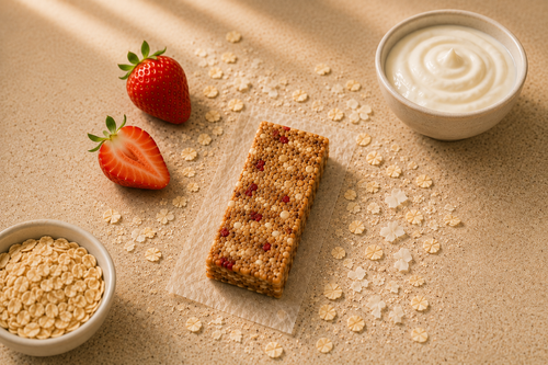 An unwrapped Strawberry Parfait bar on parchment, with fresh strawberries, a bowl of oats and a bowl of yogurt on a tan surface